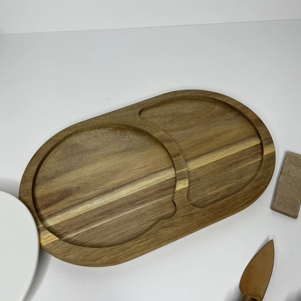 Wooden Cheese‎ Board w/ Ceramic Center and Knife Fork Copper